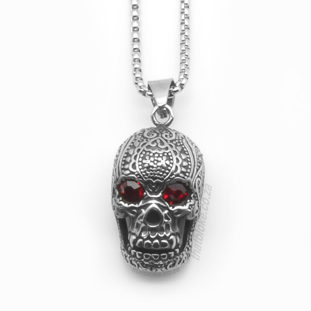 Skull Head Necklace For Men Antique Silver With Red Jewel Eyes