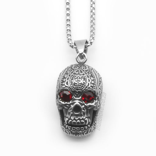 Skull Head Necklace For Men With Red Jewel Eyes Antique Silver Close Up