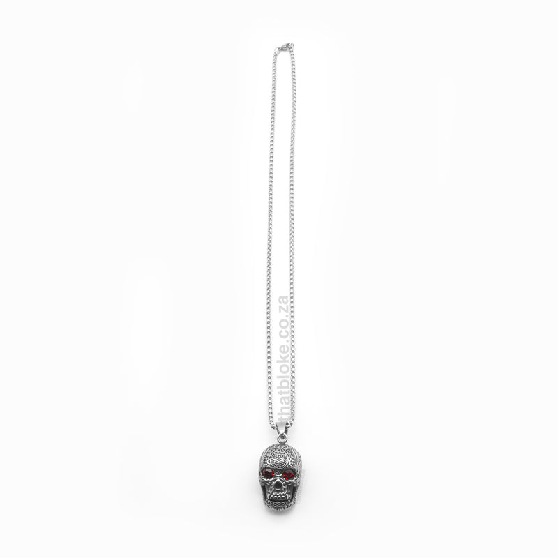 Skull Head Necklace For Men With Red Jewel Eyes Antique Silver Full View