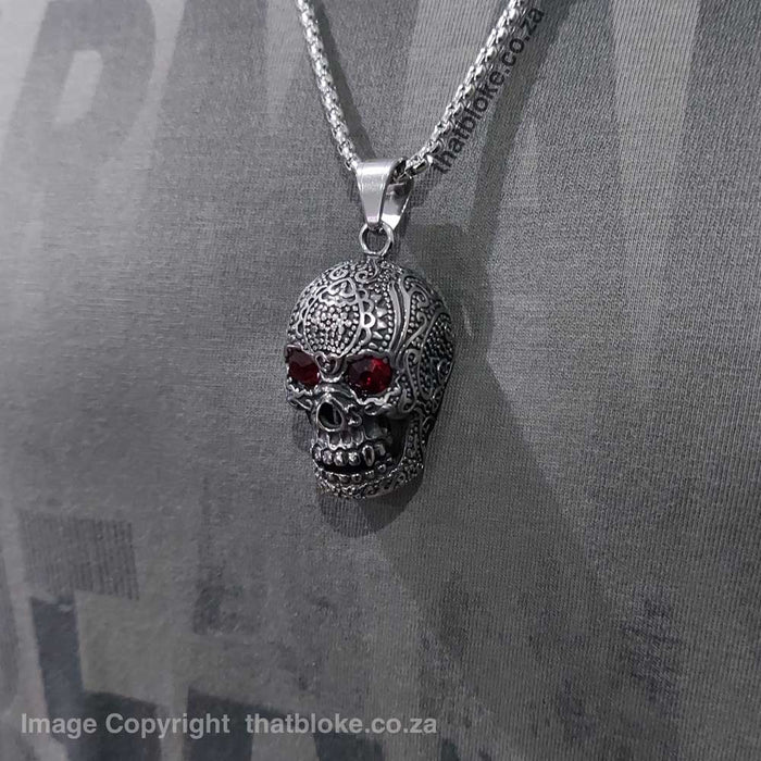 Skull Head Necklace For Men With Red Jewel Eyes Antique Silver On Shirt Display
