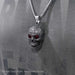 Skull Head Necklace For Men With Red Jewel Eyes Antique Silver On Shirt Display