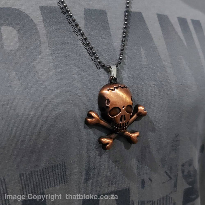 Pirate Skull Head Necklace For Men Red Copper On Shirt Display