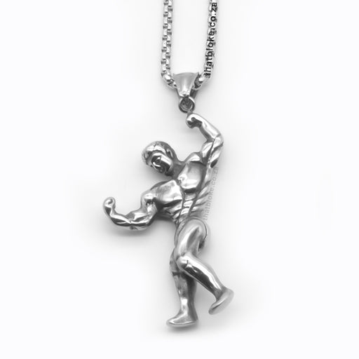 Full Body Muscles Bodybuilder Necklace For Men Silver Stainless Steel Close Up