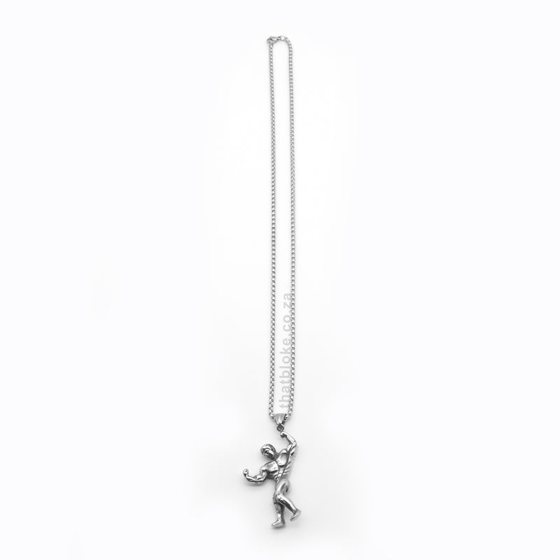 Full Body Muscles Bodybuilder Necklace For Men Silver Stainless Steel Far View
