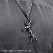 Full Body Muscles Bodybuilder Necklace For Men Silver Stainless Steel On Shirt Display