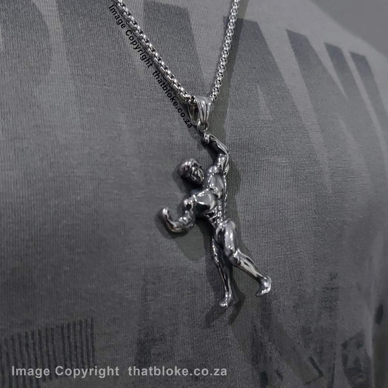 Full Body Muscles Bodybuilder Necklace For Men Silver Stainless Steel On Shirt Display