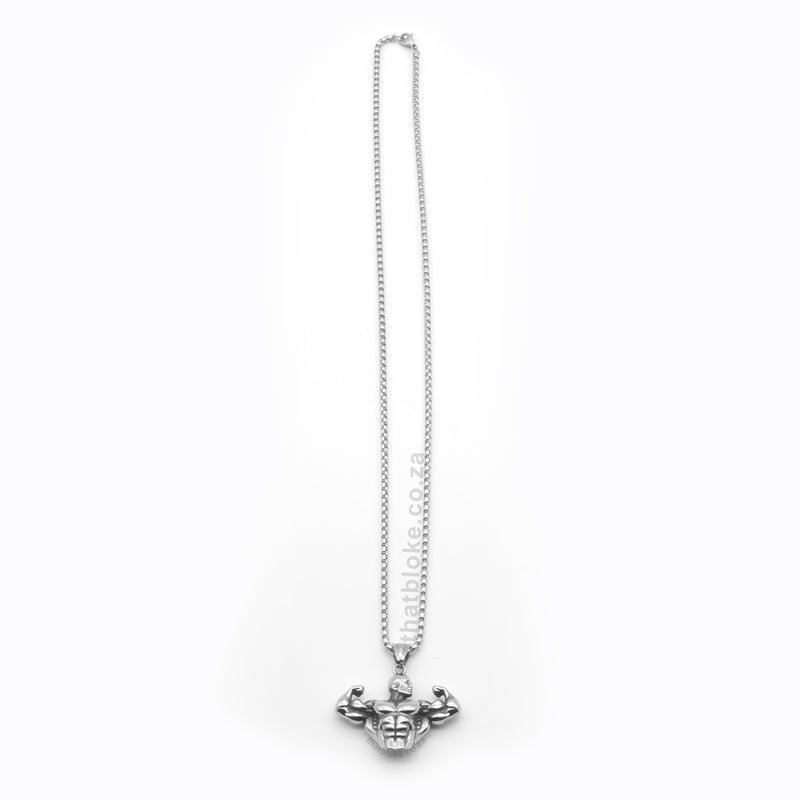 Muscle Bodybuilder Necklace Top Half Silver Stainless Steel Full View