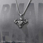 Muscle Bodybuilder Necklace Top Half Silver Stainless Steel On Shirt Display