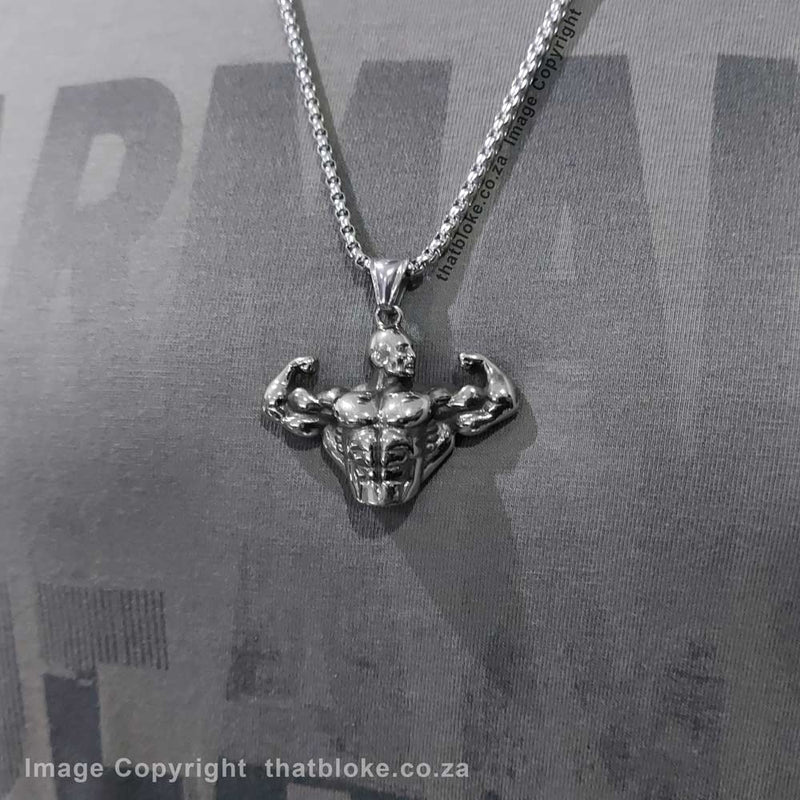 Muscle Bodybuilder Necklace Top Half Silver Stainless Steel On Shirt Display