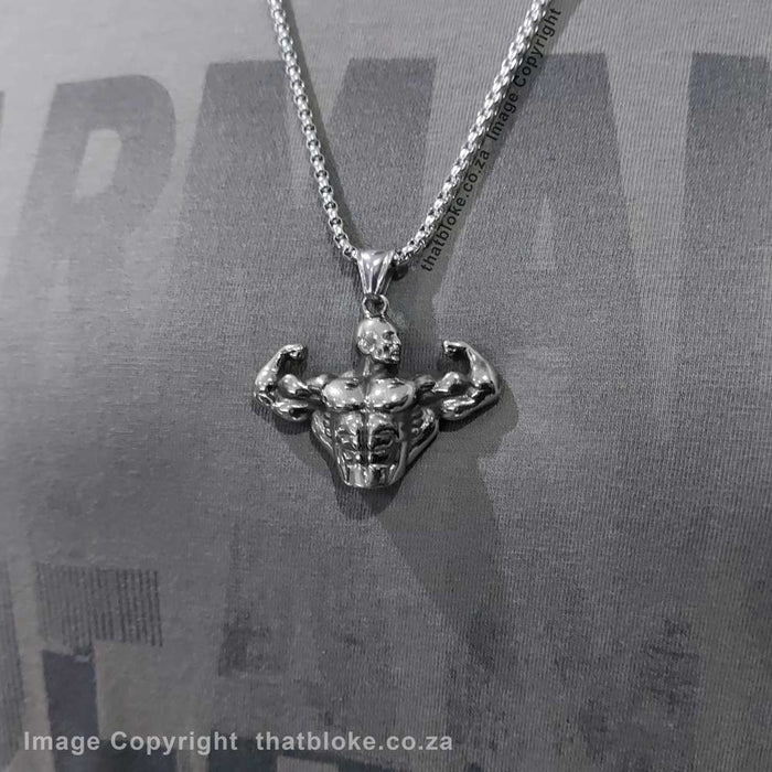 Muscle Bodybuilder Necklace Top Half Silver Stainless Steel On Shirt Display