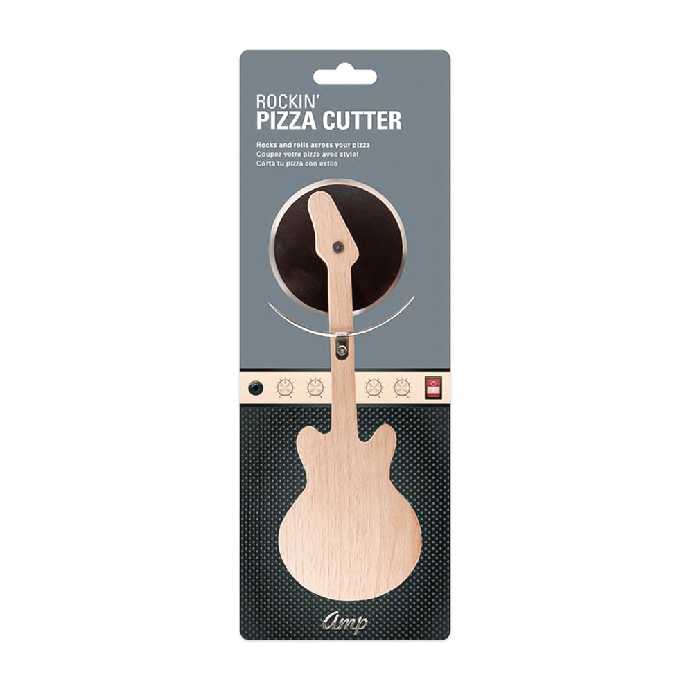 Rockin' Guitar Pizza Cutter Beechwood and Stainless Steel Packaging