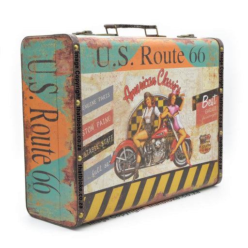 US Route 66 Classic Vintage Motorcycle Suitcase For Man Cave or Bar Pinup Girls
