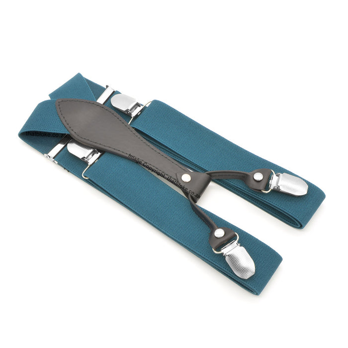 Four Clip Dark Teal Suspenders With Black Tail-end Elastic Polyester