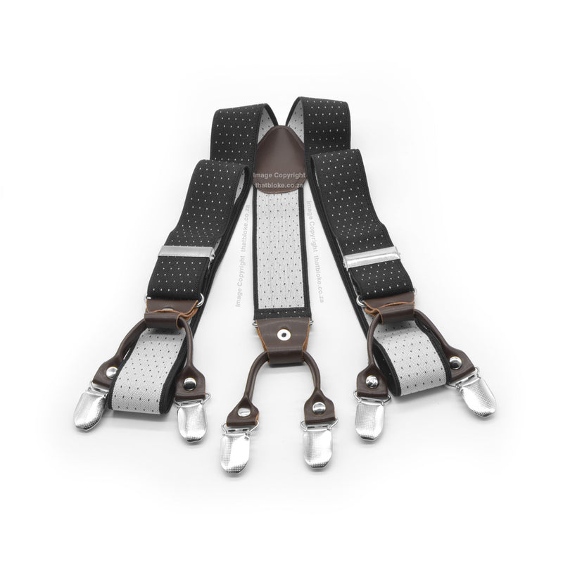 Six Clip Black Suspenders with End-straps Elastic Polyester