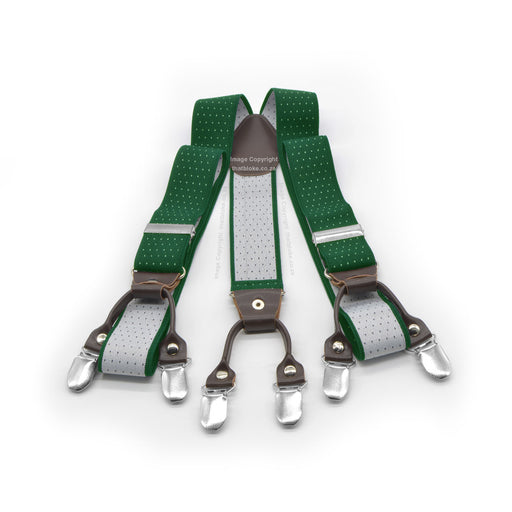 Six clip suspenders Green with White Pin Dots