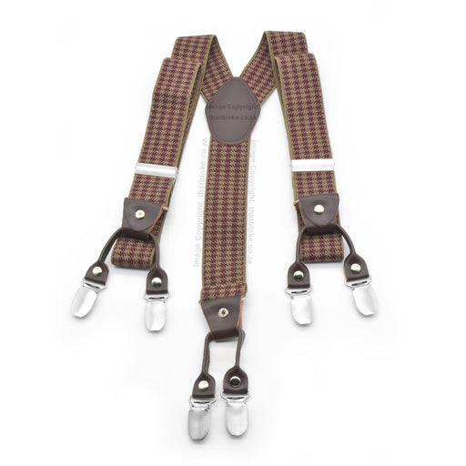 Maroon & Pebble Brown Suspenders Checked Style Pattern Elastic Polyester Six Clip