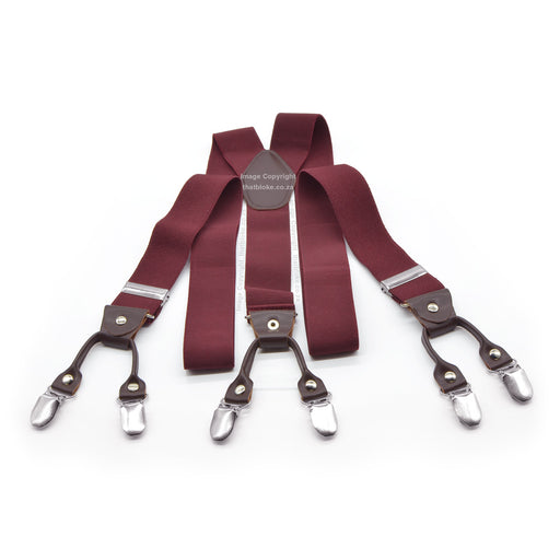 Six Clip Maroon Suspenders Elastic Polyester