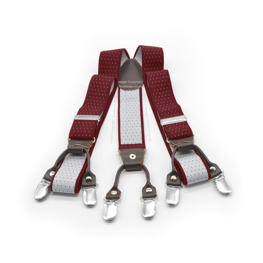 Six Clip Maroon Suspenders With White Pin Dots Elastic Polyester