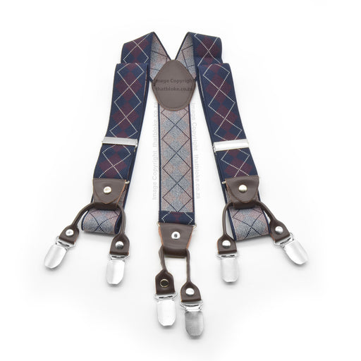 Navy Blue and Maroon Checked Style Suspenders Six Clip Pattern