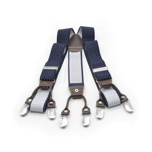 Six Clip Navy Blue Suspenders with Brown End-straps Elastic Polyester