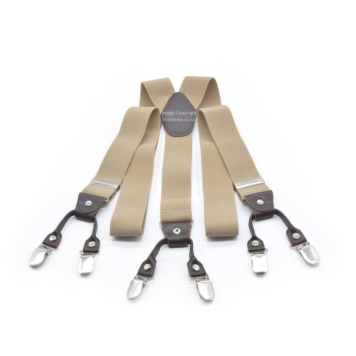 Six Clip Stone Beige Suspenders Elastic Polyester