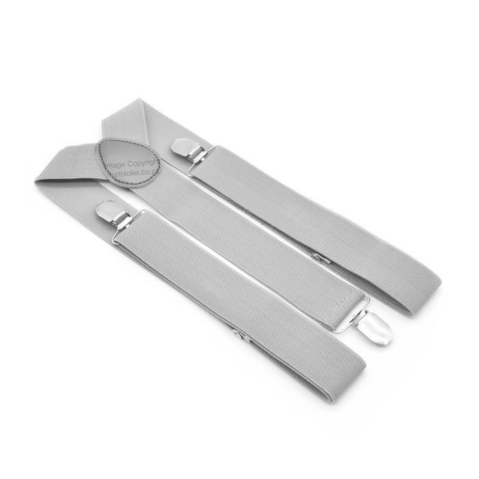 Three Clip Light Grey Suspenders For Men Wide 3.5cm Elastic Polyester