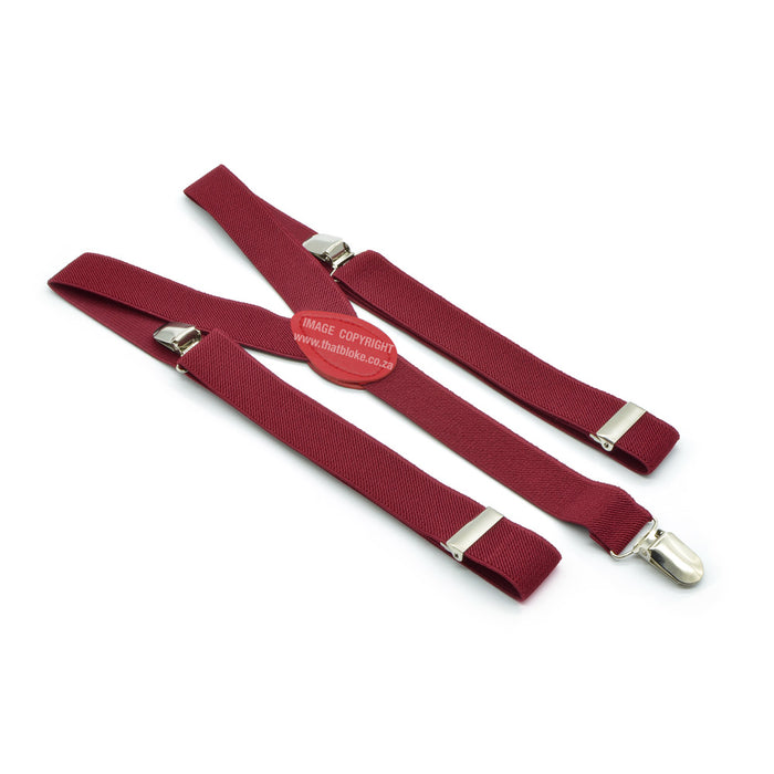 Three Clip Dark Wine Red Suspenders With Red Centre Elastic Polyester