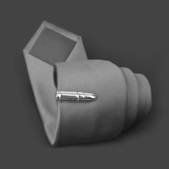 Short Bullet Tie Clip Silver On Neck Tie