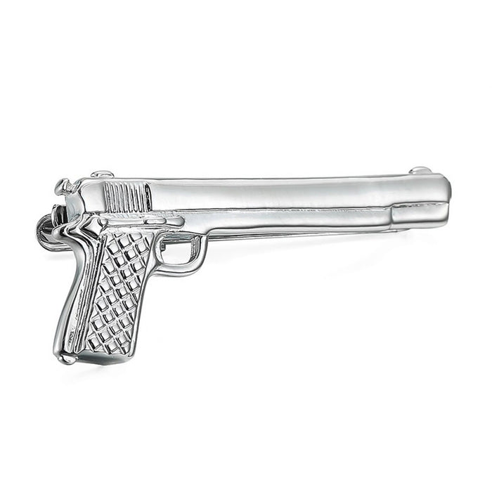 Gun Tie Clip Long Barrel Pistol Silver Front