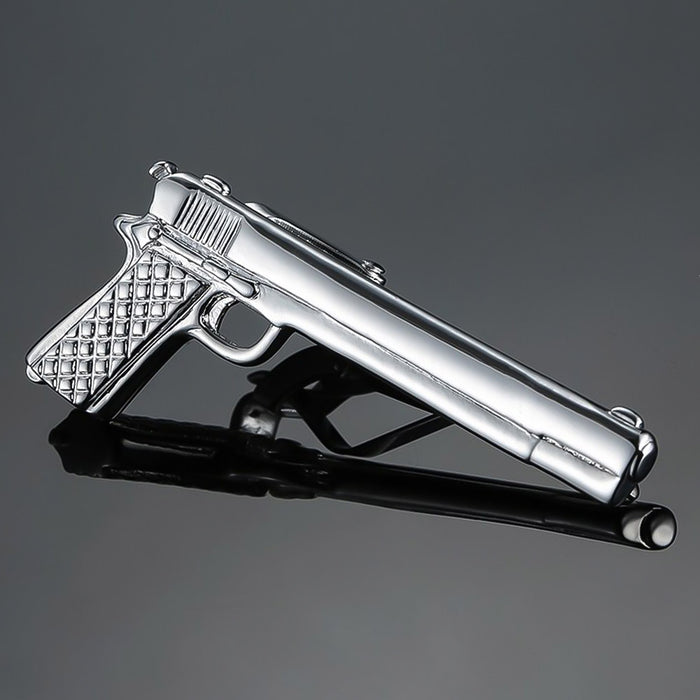 Gun Tie Clip Long Barrel Pistol Silver Display