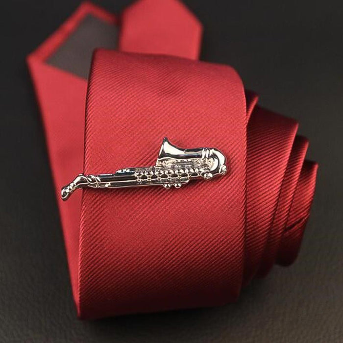 Saxophone Tie Clip Silver Image On Tie