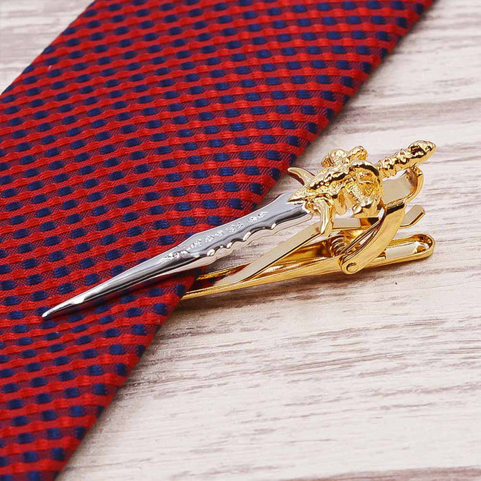 Medieval Sword Tie Clip Silver & Gold On Tie