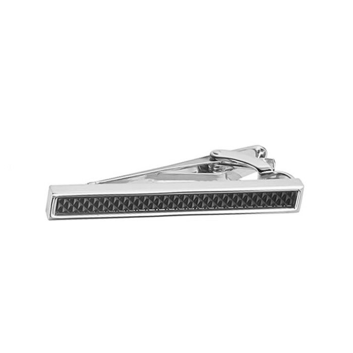 Medium Length Silver Tie Clip With Black Patterned Centre High Quality Front View