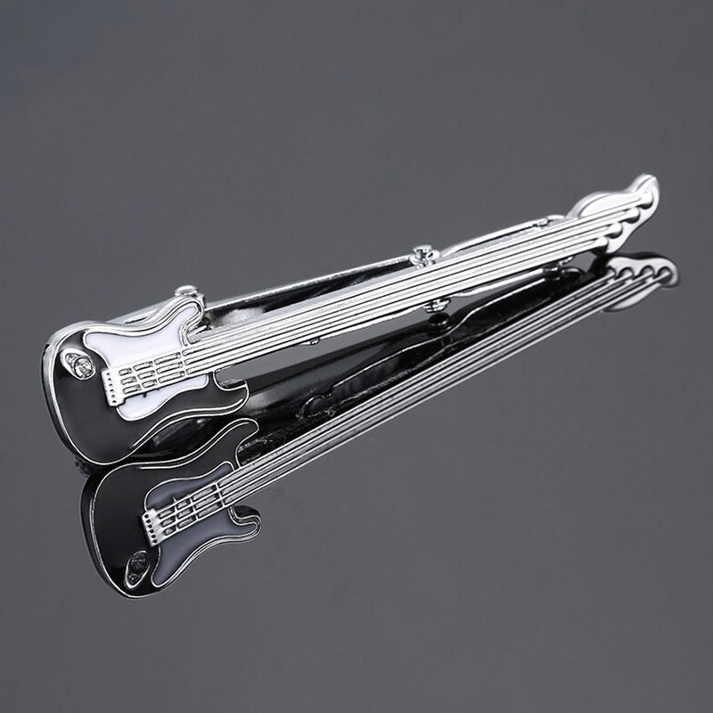 Electric Guitar Tie Clip Silver And Black Front View