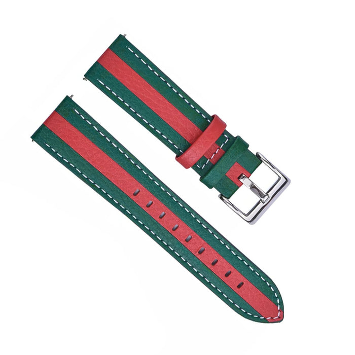 18mm Watch Strap Green with Red Racing Stripe Genuine Leather Top View