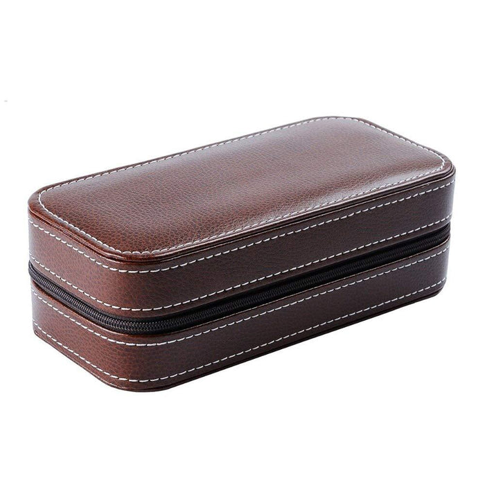 Cufflink Box Tie Clips Travel Case Brown with White Stitching Image Closed