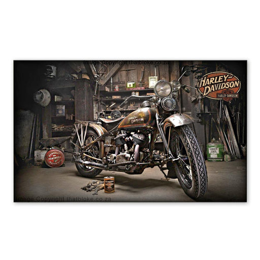 Vintage Motorcycle In Workshop Wood Sign Print